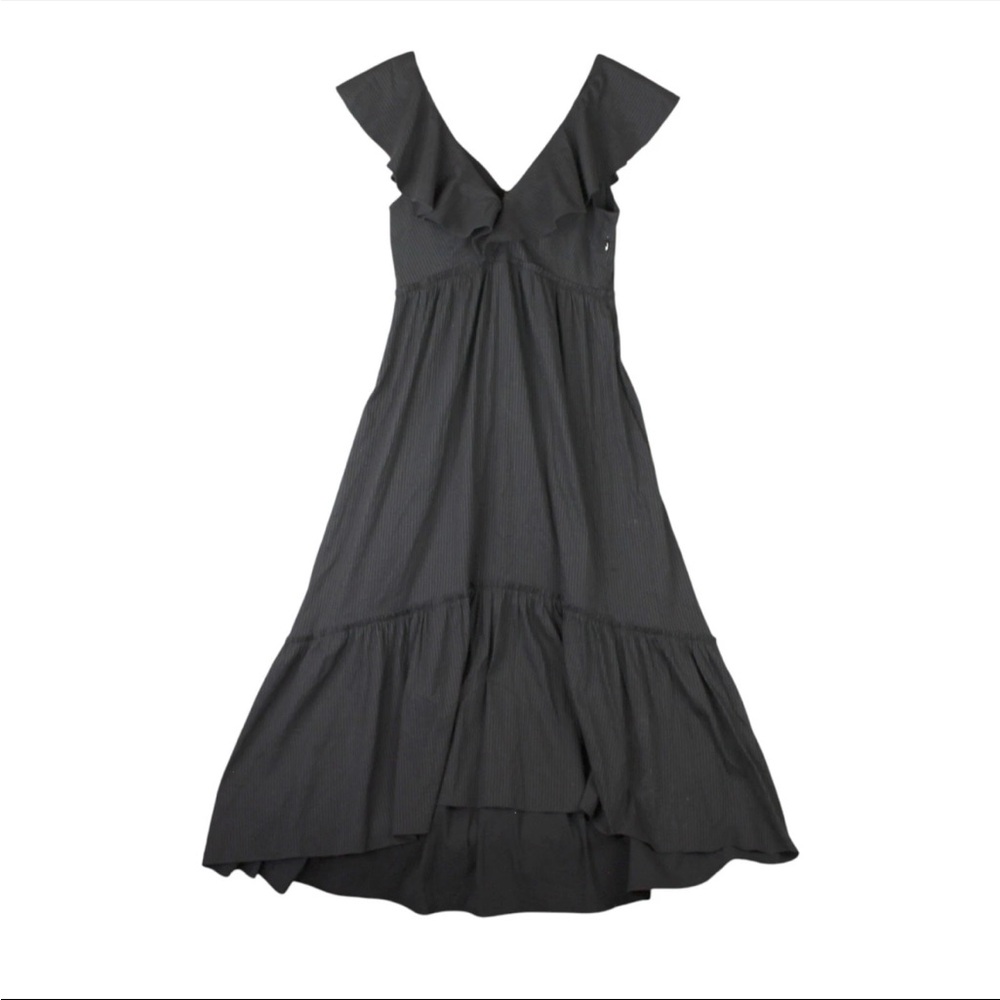 La Ligne V-Neck A-Line Long Dress Womens L Black Stripped Pleated Ruffle USA
